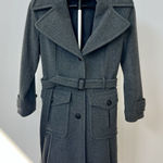 DKNY Women’s Wool Belted Trench Coat Grey 4 Button Thick Warm Pleated Gray EUC Photo 0