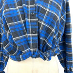 ZARA Blue Plaid Flannel Cropped Button Down Shirt Size XS Photo 3