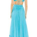 Mac Duggal Ruched Ruffled Shoulder Cut Out Lace Up Gown in Turquoise US 12 NWT Photo 1