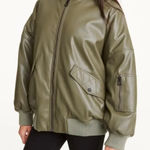 DKNY Oversized Leather Bomber Jacket Women’s Olive Green Photo 0