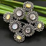 Sterling Silver Vintage 925 Filigree Marcasite Abalone Yellow Moonstone Brooch Photo 0