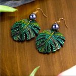 Bohemian Style Green Leaf Drop Earrings With Imitation Pearl Hollow Photo 7