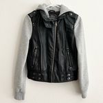 Last Kiss  Y2K Black Leather Hybrid Gray Hooded Zip Moto Jacket Size Medium Photo 2