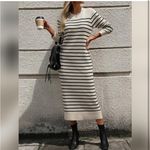 Womens Striped Sweater Dress Knit Crewneck Long Sleeve Casual Midi Dress. Size S Black Photo 5