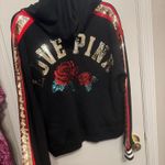 PINK - Victoria's Secret Victoria Secret Pink Lace Up Hoodie Pullover Sweatshirt Bling Rose Black Gold M Photo 2