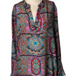 Tolani  Shirt Women Medium Pink Blue‎ Silk Geometric Long Sleeve Tunic Top Boho Photo 0