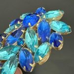 Vintage Unsigned Cobalt Blue & Teal Navette Marquis Rhinestone Leaf Brooch 20g. Photo 8