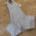 Lauren James  NWT seersucker blue white halter jumpsuit medium $142 Photo 1
