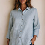 Halston Heritage  Powder Blue Coastal Grandma Linen And Viscose Button Down Shirt Photo 0