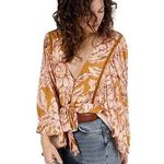 BAND OF THE FREE Libby Gold Floral Bell Sleeve Cropped Top Button Up NWT Small Photo 0