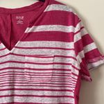 a.n.a  linen blend short sleeve pocket tee shirt top small split neck stripe pink Photo 1