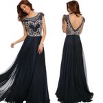 Jovani NWT  A-Line Princess Scoop Beaded Long Dress Formal Navy 21030 Size 4 Photo 15
