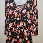 Kate Kasin Festive Santa Print Dress Christmas XL Lace Up Long Sleeve Holiday Black Photo 0