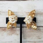 Vintage Clip On Earrings Gold Tone Sequins/Beads & Faux Pearl Statement Photo 0