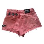 ZARA Faded Coral Pink Denim High Waisted Cut Off Jean Shorts "Space" Patches Photo 6