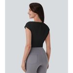 Halara  Boat Neck Ruched Cap Sleeve Back Work Top Black Elegant XS Photo 5