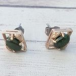 Vintage Stud Earrings Dainty Green & Gold Tone Diamond Shape Photo 1