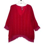 Johnny Was Embroidered Tunic Top Red Pink Lace V Neck 3/4 Sleeve Size S Photo 0