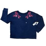 Live Love Dream  Seriously Soft Knit Top Women's Med Navy Floral Embroidered Boho Photo 1