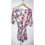 Umgee  Floral Print Romper Women's Size S White Pink Blue V-Neck Tie 3/4 Sleeve Photo 1