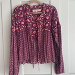 Free People  Malia Babydoll Jacket Top S Tie Neck Floral Embellished Berry Combo Photo 4