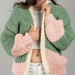 Anthropologie Saachi Hand Knit Chunky Cardigan Colorblock Sweater Green Pink O/S Photo 0