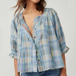 Free People  Oversized Bohemian Gauze Lucy Swing Top in Blue Plaid Size Large Photo 0