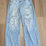 American Eagle  Light Wash Distressed Wide Leg Skater Jeans - Size 6 Long Photo 0