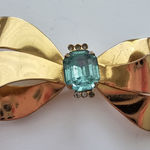 Coro Rose Gold Tone Metal Bow with Turquoise Rhinestones Pin Brooch Blue Photo 0
