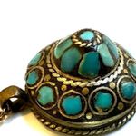 Turquoise Inlay Brass Pendant necklace Gold plated chain Blue Photo 2