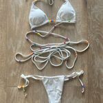 White bead halter waist tie up ribbed white bikini top bottom swimsuit set XS NEW Photo 0