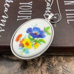Vintage Floral Cameo Pendant Necklace | Large Oval Statement Blue Photo 6