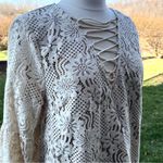 Entro  Top Floral Lace Mesh Cream Lace-Up Bell Sleeve Blouse Photo 3