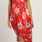 Lulus NWT  My Favorite Day Red Floral Print Tulip Skirt Midi Dress Party Size XS Photo 0