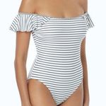 Vince Camuto Ruffle Off the Shoulder One Piece Swimsuit - Blossom Stripes Sz 12 Photo 0