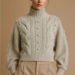 BLANK NYC Women's Taupe Cable Knit Turtleneck Sweater Size M Pom Details Photo 2