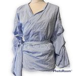 Willow & Clay  medium womens chambray striped wrap blouse ruffle sleeve v neck Photo 0