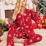 Women's Red Christmas Holiday Collared Long Sleeve Pajama Set Photo 0