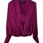EXPRESS Conscious Edit Magenta Pink Drape Faux Wrap Silky Long Sleeve Blouse S Photo 0