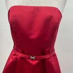 Vintage 90s Strapless Fit & Flare Mini Dress Belted Waist Satin Red Womens 8 Photo 2