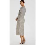 Mac Duggal  Silver Beaded Lace Long Sleeve Midi Dress Size 8 5574 V Neck Sequin Photo 2