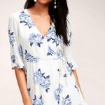 Lulus Pretty Peony Blue and White Floral Print Wrap Dress Photo 0