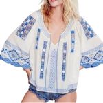 Free People Silver Spring Blue and White Embroidered Crochet Boho Blouse XS Photo 0