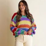 POL Multicolor Striped V-Neck Sweater Women’s Size Large Photo 2