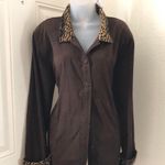 Erin London 2000s Y2K Brown leopard animal print collar cuff button-up down shirt jacket shacket long sleeve-XL Photo 1