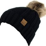 Thick Cable Knit Faux Fuzzy Fur Pom Fleece Lined Skull Cap Cuff Beanie Photo 2