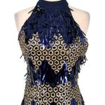L'ATISTE Metallic Halter Honeycomb Dress Blue Gold Size Large NWT Photo 2