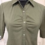 NY & Co Olive Green Shirt Dress City Stretch Ruched Short Sleeve Y2K Knee Length Size 8 Photo 2
