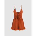 Cider V-Neck Rust Knotted Ruched Tie-Front Ruffle Hem Romper Medium Photo 2