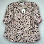 Elodie NWT Button Blouse Sz M Pink Floral V-Neck Dolman Short Sleeve Curved Hem Photo 1
